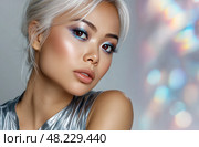 A woman with blue eyes and blonde hair is wearing makeup. Стоковое AI-изображение, AI-художник Ярославский Максим / Фотобанк Лори