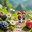 Microworld with two tiny travelers hats trek through a miniature landscape filled with oversized berries, flowers, vibrant foliage, discovering new destinations and enjoying a unique outdoor adventure. Стоковое AI-изображение, AI-художник Андрей Ка / Фотобанк Лори