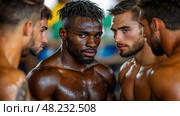 A group of intense male athletes engages in a focused workout, emphasizing strength and teamwork during their training session in a gym. Стоковое AI-изображение, AI-художник Данила Большаков / Фотобанк Лори