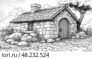 A quaint stone cottage features a thatched roof, a wooden door, and is nestled among rocks and lush greenery under a clear, sunny sky. Стоковое AI-изображение, AI-художник Данила Большаков / Фотобанк Лори