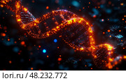 A vibrant 3D model of a DNA double helix emits a warm glow amid a dark, abstract background that features dynamic sparks and digital textures. Стоковое AI-изображение, AI-художник Данила Большаков / Фотобанк Лори