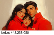 Three individuals share a heartfelt hug while wearing bright red jackets, embodying warmth and affection in a snug, intimate setting. Стоковое AI-изображение, AI-художник Данила Большаков / Фотобанк Лори