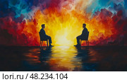 Two individuals are seated facing each other on chairs, surrounded by a colorful sunset that creates a calm and introspective mood. Стоковое AI-изображение, AI-художник Данила Большаков / Фотобанк Лори