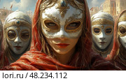 Participants wearing elaborate masks and rich costumes gather to celebrate a lively festival in a historical city, showcasing tradition and beauty. Стоковое AI-изображение, AI-художник Данила Большаков / Фотобанк Лори