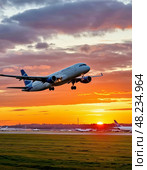 Airplane against the backdrop of the setting sun. Night flight. Стоковое AI-изображение, AI-художник Сергей Елизарьев / Фотобанк Лори