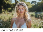 A woman with blonde hair and a white dress is standing in a field. Стоковое AI-изображение, AI-художник Ярославский Максим / Фотобанк Лори