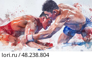 Wrestlers in red and blue grapple in watercolor, red on knees and blue standing. Стоковое AI-изображение, AI-художник Данила Большаков / Фотобанк Лори
