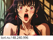 A woman with long black hair screams in terror, her eyes wide with fear and tears streaming down her face. Стоковое AI-изображение, AI-художник Данила Большаков / Фотобанк Лори