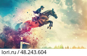 A horse and rider soar over a hurdle in an equestrian competition, surrounded by a burst of colorful light. Стоковое AI-изображение, AI-художник Данила Большаков / Фотобанк Лори