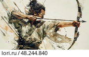 A young man with long black hair pulls back his bowstring, ready to fire an arrow. Стоковое AI-изображение, AI-художник Данила Большаков / Фотобанк Лори