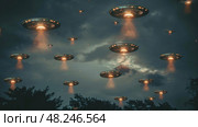A Fleet of UFOs Hovers Mysteriously Over a Dark Forest on a Moonlit Night, Casting an Eerie Glow Upon the Trees Below. Стоковое AI-изображение, AI-художник Данила Большаков / Фотобанк Лори