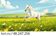 A white horse gallops across a field of yellow wildflowers on a bright, sunny day. Стоковое AI-изображение, AI-художник Данила Большаков / Фотобанк Лори