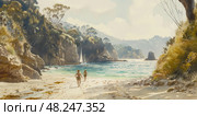 Two people walk along the sandy beach, the water laps gently at the shore, and a small sailboat can be seen in the distance. Стоковое AI-изображение, AI-художник Данила Большаков / Фотобанк Лори