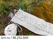 Relaxation in forest park and knitting in nature. Top view of handmade knitted warm scarf with braid made of natural wool yarn against soft green moss and grass in forest. DIY concept. Close-up, top view. Стоковое фото, фотограф Виктория Катьянова / Фотобанк Лори