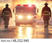 Firefighters respond to emergency in a city street at sunset. Стоковое AI-изображение, AI-художник Татьяна  Бральнина / Фотобанк Лори