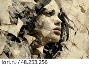 A woman with blue eyes looks to the right, her face partially obscured by torn paper fragments. Стоковое AI-изображение, AI-художник Данила Большаков / Фотобанк Лори