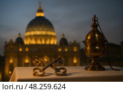 Golden evening at st. peter's basilica with papal keys and incense censer. Стоковое AI-изображение, AI-художник Башкирова Анна / Фотобанк Лори