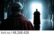 Back view of the Pope inside dark cathedral with silhouette of another clergyman in the distance. Вид сзади на Папу Римского внутри темного собора с силуэтом другого священнослужителя вдали. Стоковое AI-изображение, AI-художник Katsiaryna Repich / Фотобанк Лори