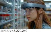 A young woman with long hair is intently observing specimens in a lab using augmented reality glasses to enhance her experience and understanding. Стоковое AI-изображение, AI-художник Данила Большаков / Фотобанк Лори