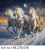 Three horses pulling a carriage with a moon in the background. Стоковое AI-изображение, AI-художник Ярославский Максим / Фотобанк Лори