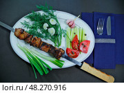 Блюдо шашлык с овощами и зеленью на столе. Сервировка стола. Стоковое фото, фотограф Надежда Глазкина / Фотобанк Лори