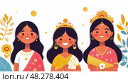 Diwali celebration: Three Goddess Lakshmi Illustration for a Greeting Card. Стоковое AI-изображение, AI-художник Данила Большаков / Фотобанк Лори