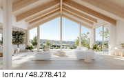 Tranquil interior of a modern living room with panoramic scenery, perfect home staging. Стоковое AI-изображение, AI-художник Данила Большаков / Фотобанк Лори