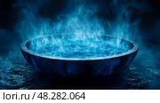 Mystical Cauldron: A Vessel of Radiant Blue Flames, Emitting Ethereal Vapors in the Darkness, An Alchemic Fantasy. Стоковое AI-изображение, AI-художник Данила Большаков / Фотобанк Лори