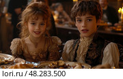 A regal portrait of young heirs seated at a festive feast, evoking old-world nobility and refined elegance. Стоковое AI-изображение, AI-художник Данила Большаков / Фотобанк Лори