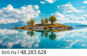 Tranquil Island Retreat: Still water mirroring the sky and majestic mountains, a serene landscape of nature's beauty. Стоковое AI-изображение, AI-художник Данила Большаков / Фотобанк Лори