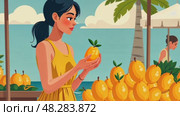 Woman buy mango market, close-up hands, fruit display emporium. AI Generative. Стоковое AI-видео, аниматор Spirit River / Фотобанк Лори