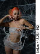 Red-haired woman entangled in a delicate net trap amidst a haunting web backdrop. Стоковое фото, фотограф Гурьянов Андрей / Фотобанк Лори