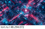 Futuristic Cybernetic Grid: Abstract Technological Circuitry with Glowing Neon, ideal as Wallpaper or Generative Art. Стоковое AI-изображение, AI-художник Данила Большаков / Фотобанк Лори