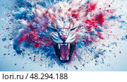 Abstract Roaring Feline Explosion: An Enraged Bengal Spirit Bursting with Raw Ferocity and Colorful Energy. Стоковое AI-изображение, AI-художник Данила Большаков / Фотобанк Лори