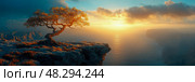 The Solitary Tree: A scenic landscape of a lone tree on a cliff at sunrise over the ocean, a concept of nature, peace, and quietude. Стоковое AI-изображение, AI-художник Данила Большаков / Фотобанк Лори