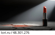 Luxury Lipstick on Cracked Concrete, Elegance Defying Harshness in Soft Spotlight. Роскошная помада на потрескавшемся бетоне, элегантность, бросающая вызов суровости, в мягком свете прожекторов. Стоковое AI-изображение, AI-художник Katsiaryna Repich / Фотобанк Лори