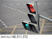 A traffic light with a green arrow and a red light. Стоковое фото, фотограф Скрипачев Антон / Фотобанк Лори