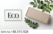 Eco-friendly packaging displayed with greenery on a light background. Экологически чистая упаковка, украшенная зеленью на светлом фоне. Стоковое AI-изображение, AI-художник Katsiaryna Repich / Фотобанк Лори