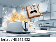 Panicked Toast Launching from Toaste, Cartoon-Style Kitchen Explosion Drama. Паникующий тост, вылетающий из тоста, драма взрыва на кухне в стиле мультфильма. Стоковое AI-изображение, AI-художник Katsiaryna Repich / Фотобанк Лори