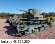 Советский лёгкий танк Т-26,   уличная экспозиция под открытым небом, музей «Оштинский рубеж», Вологодская область. Редакционное фото, фотограф Головкова Елена / Фотобанк Лори