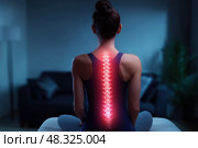 Neck and lumbar pain, intervertebral spine hernia, woman with back pain at home, spinal disc disease, health problems concept. Стоковое AI-изображение, AI-художник Станислав Тарко / Фотобанк Лори