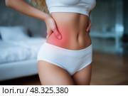 Pain in right side, kidney inflammation, woman suffering from backache at home. Стоковое AI-изображение, AI-художник Станислав Тарко / Фотобанк Лори