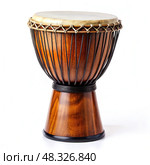 Wooden Djembe Drum on White Background. Generative AI. Стоковое AI-изображение, AI-художник Roman Zavorotny / Фотобанк Лори