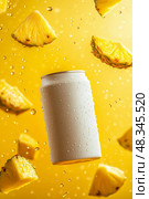 Cold blank soda can with condensation surrounded by fresh pineapple slices and juice drops on yellow background, vibrant tropical fruit drink mockup concept for refreshing summer beverage packaging. Стоковое AI-изображение, AI-художник Сергей Тимофеев / Фотобанк Лори