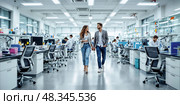 Man and woman walk across office open space. Intentional motion blur. LED panel create shadow free lighting. Стоковое AI-изображение, AI-художник Катерина Ковалева / Фотобанк Лори