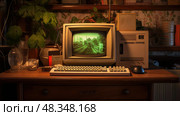 crt computer on kitchen table ai generated. Стоковое AI-изображение, AI-художник Vectorwin / Фотобанк Лори