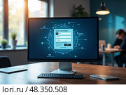 Настольный компьютер с экраном проверки личности в современном офисе. Стоковое AI-изображение, AI-художник Елена Болотина / Фотобанк Лори