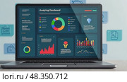 Laptop screen displays a dashboard with various graphs and charts. Стоковое AI-видео, аниматор Sergey Grishin / Фотобанк Лори