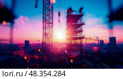 Urban Ascendancy: A Metropolis Rises Under the Colorful Sky, Construction site at Sunrise. Стоковое AI-изображение, AI-художник Данила Большаков / Фотобанк Лори