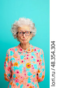 Portrait of a humorous senior woman with a funny face, design for cheerful poster. Стоковое AI-изображение, AI-художник Данила Большаков / Фотобанк Лори